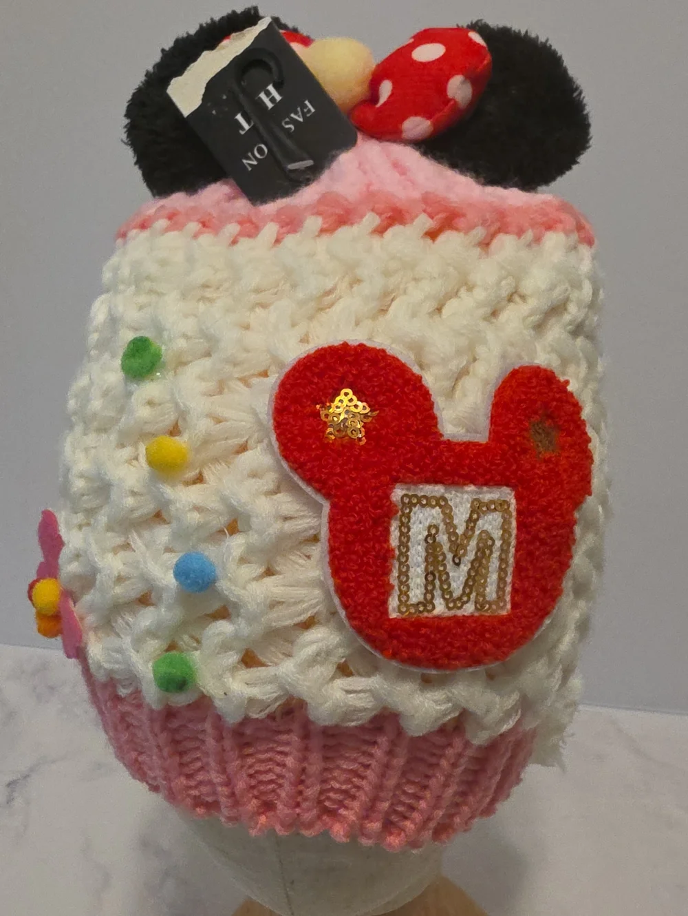 Isabella Kids Pink and White Knit Beanie with Red Mickey Patch Brand New